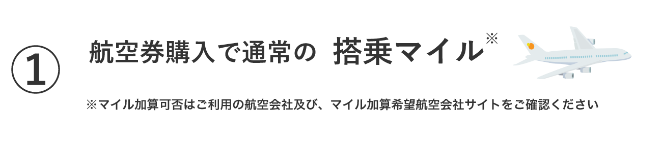 ①航空券ご購入で、通常の搭乗マイル ※マイル加算可否はご利用航空会社およびマイル加算希望航空会社のサイトをご確認ください